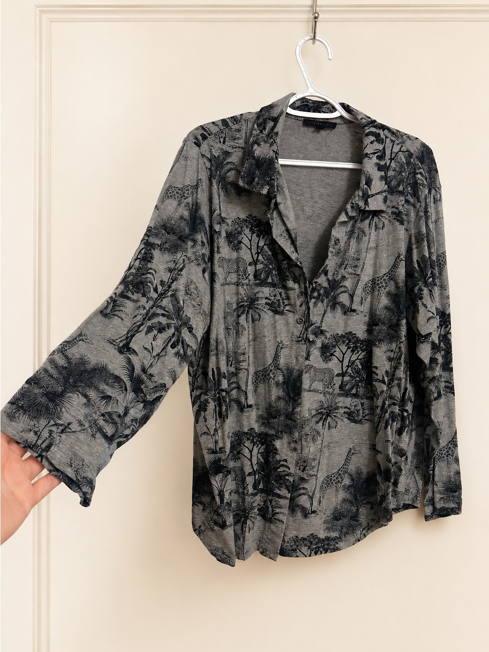 Jane and Delancey Gray and Black Tropical Safari Print Button-Down Shirt